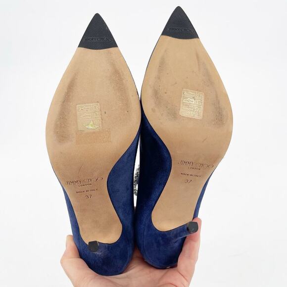 Jimmy Choo Blaize 100 Navy Blue Suede Ankle Bootie Crystal Strap size IT 37 - Picture 11 of 13